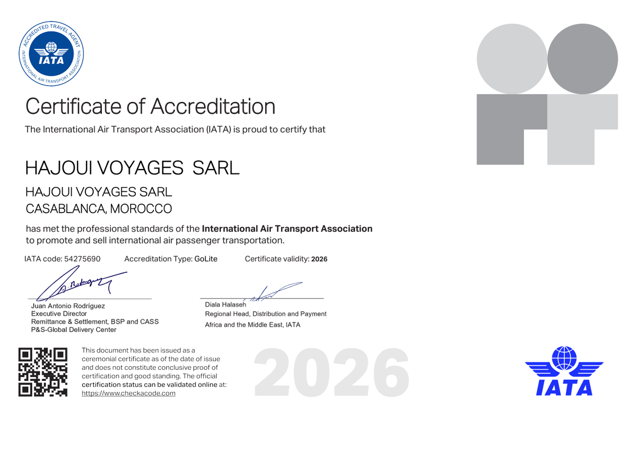 Certificat d'accréditation IATA n° 54275690 délivré à HAJOUI VOYAGES